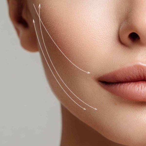 Close-up stylized thread lifting sagging cheek skin, minimal line-art with soft gradient, copy space --ar 16:9 --v 7 Job ID: 05ba778f-90e7-4107-ab63-f45da2a451e0